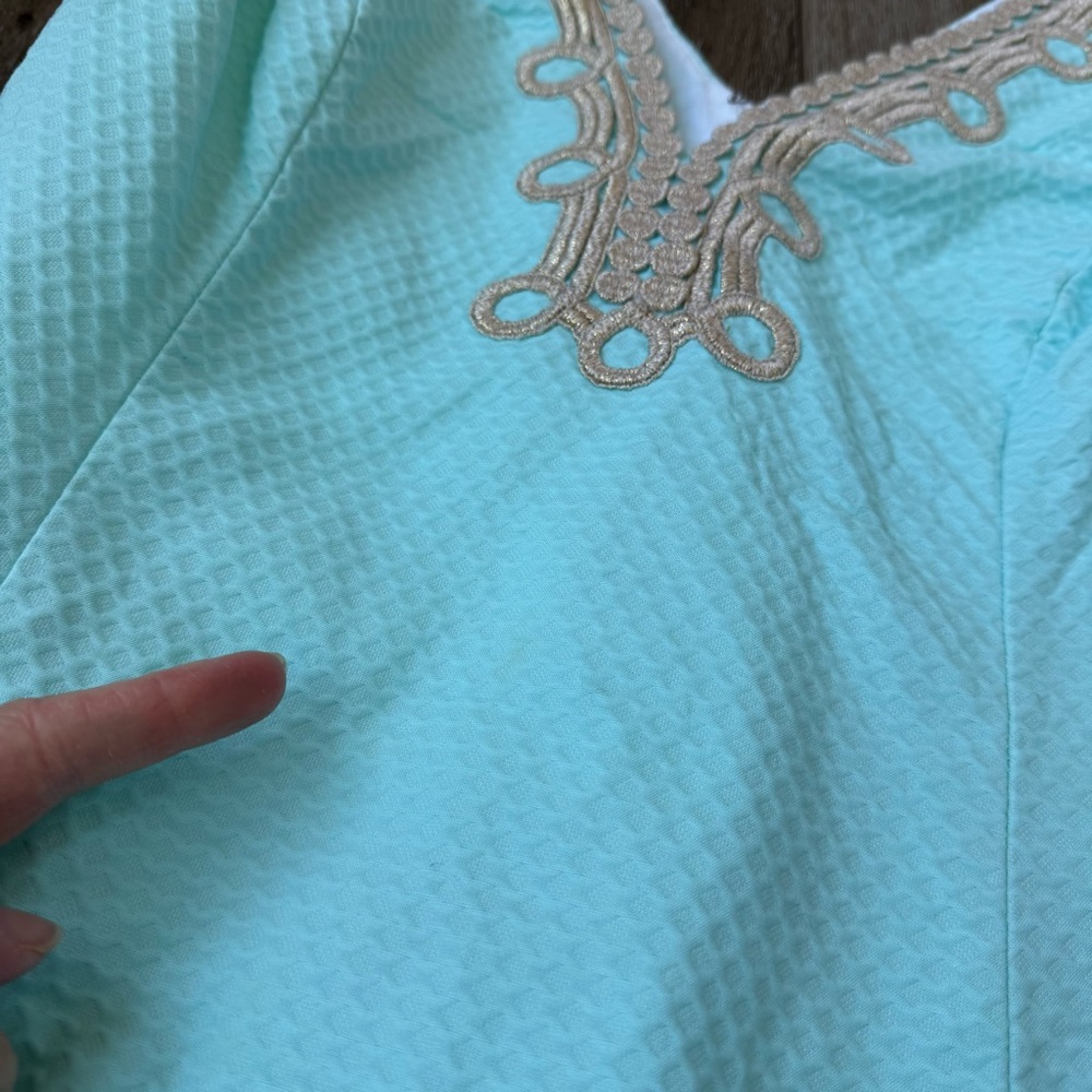 Lilly Pulitzer Aqua Textured Shift Dress Gold Embroidered Neckline Size 12 - Picture 8 of 9